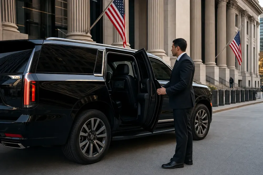 Black Cadillac Escalade at a Washington DC government building for a secure arrival