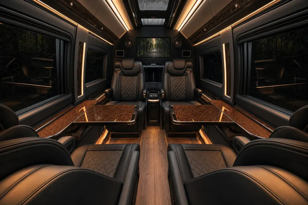 Facing executive seating inside the Skyhawk Limousine Mercedes-Benz Sprinter